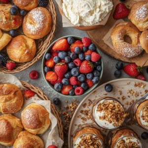 Assorted Muffins, Danishes, Bagels & Cream Cheese, Fresh Seasonal Mixed Fruit Bowl, Individual Honey Greek Yogurt & Granola Parfait